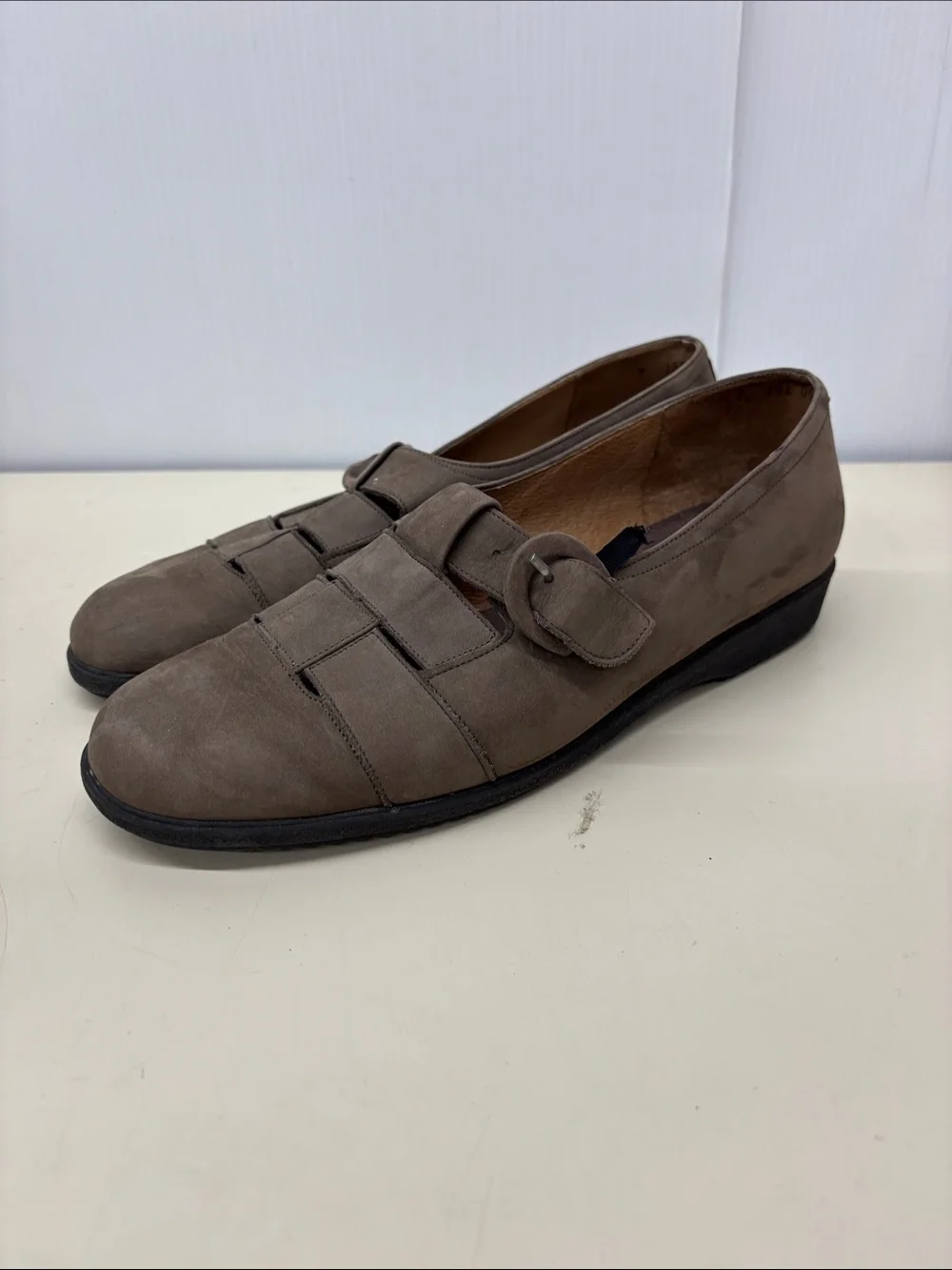 Classic Taupe Suede Slip-On Loafers with Buckle Detail